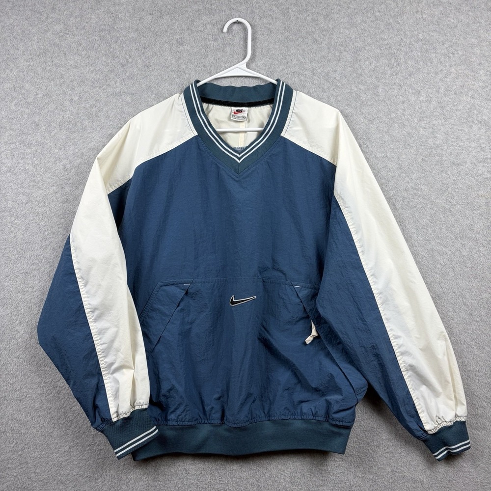 Vintage Nike Jacket Mens Medium Blue White Nylon Windbreaker Pullover 90s